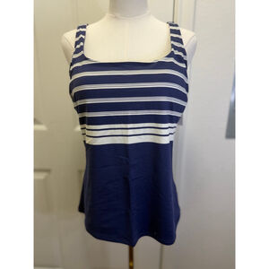 Lands’ End Square Neck Tankini Top Size 12 Navy Ivory Founders Stripe Underwire